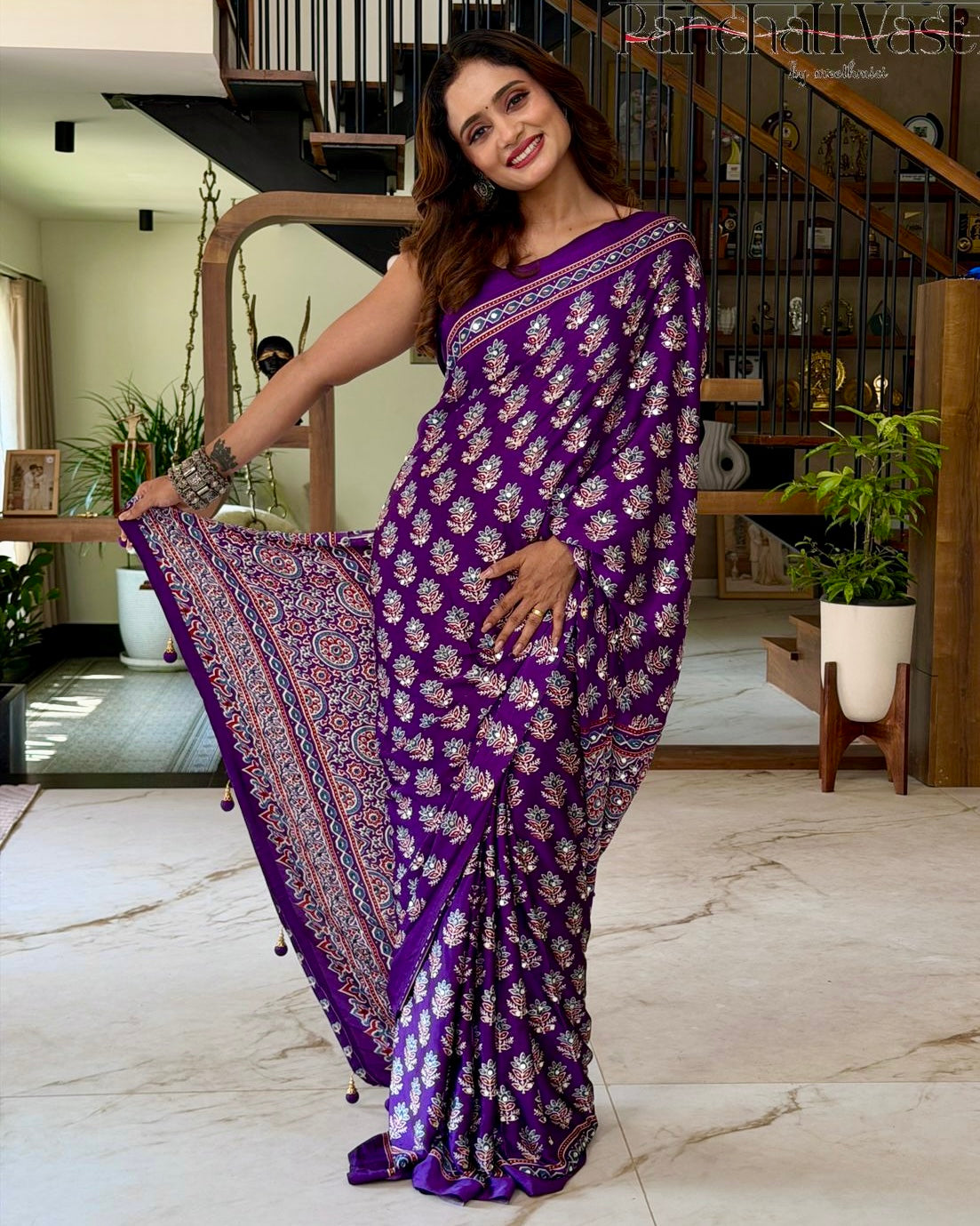 Royal Purple Pure Modal Silk Saree with Ajrakh Inspired Floral Print & Heritage Designer Pallu