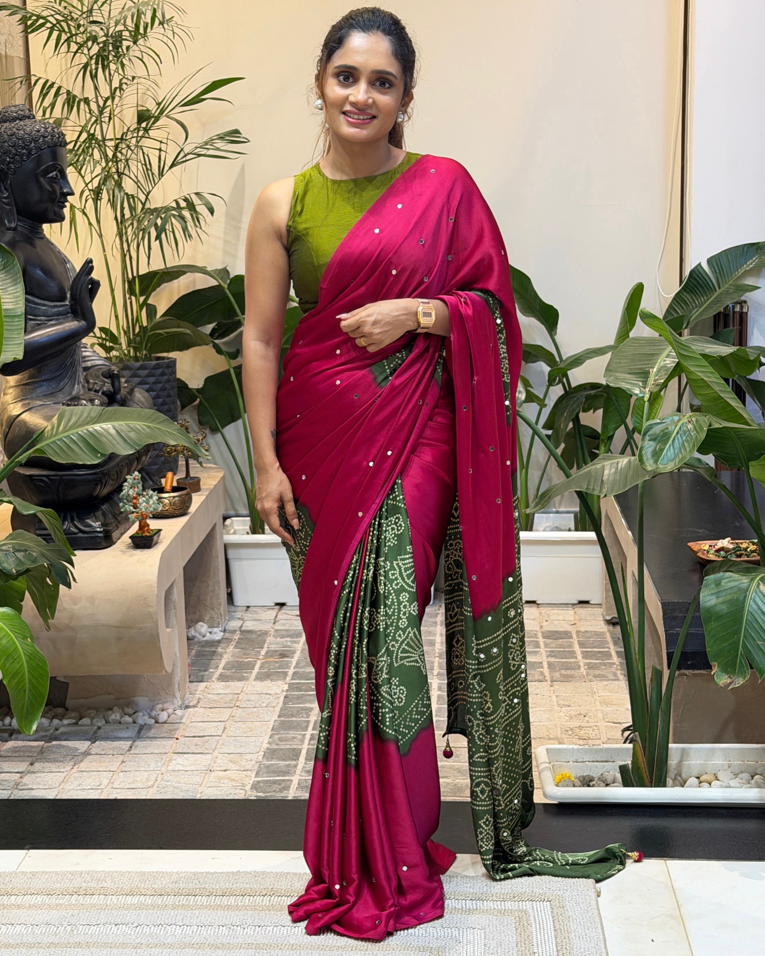 Women’s Rani Pink Pure Modal Silk Saree with Olive Green Folk Art Print & Traditional Tribal Designer Pallu