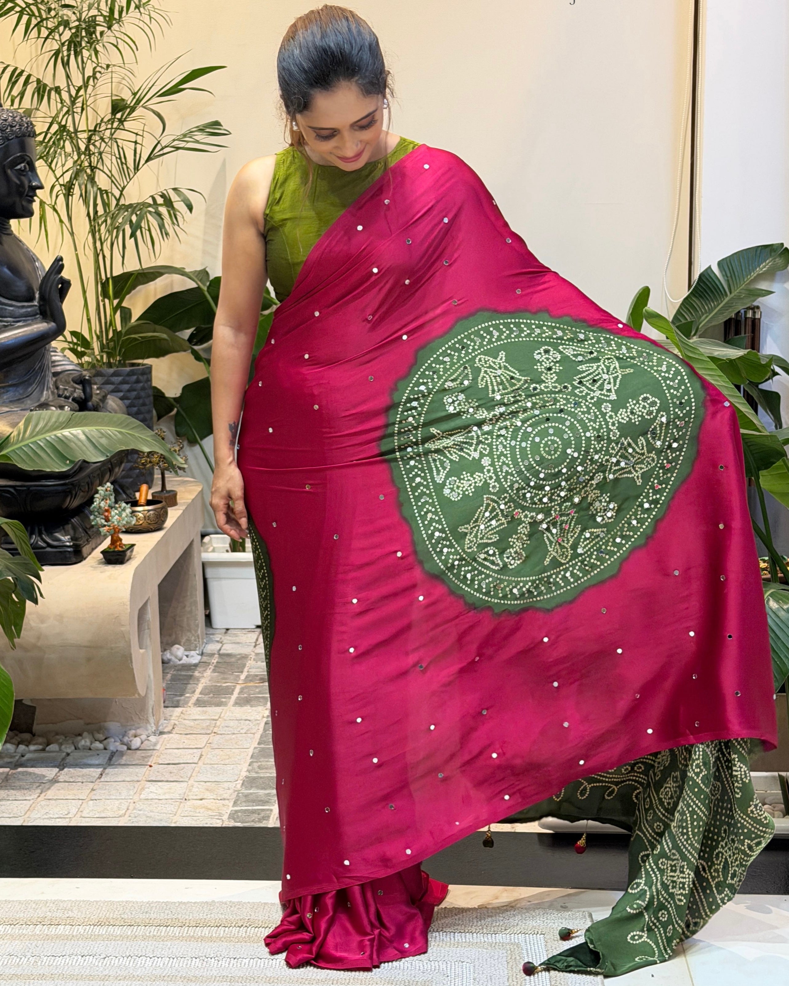 Women’s Rani Pink Pure Modal Silk Saree with Olive Green Folk Art Print & Traditional Tribal Designer Pallu
