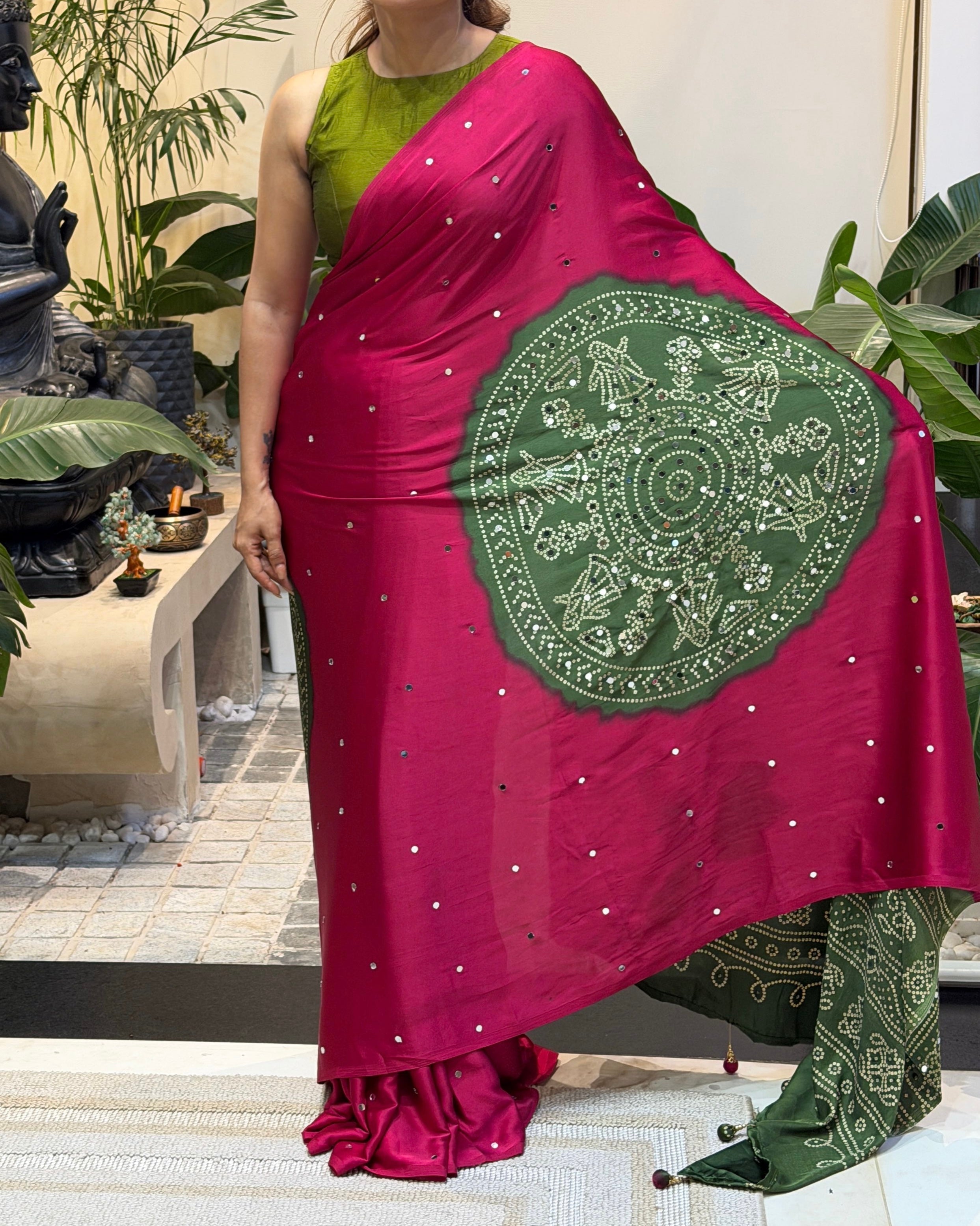 Women’s Rani Pink Pure Modal Silk Saree with Olive Green Folk Art Print & Traditional Tribal Designer Pallu