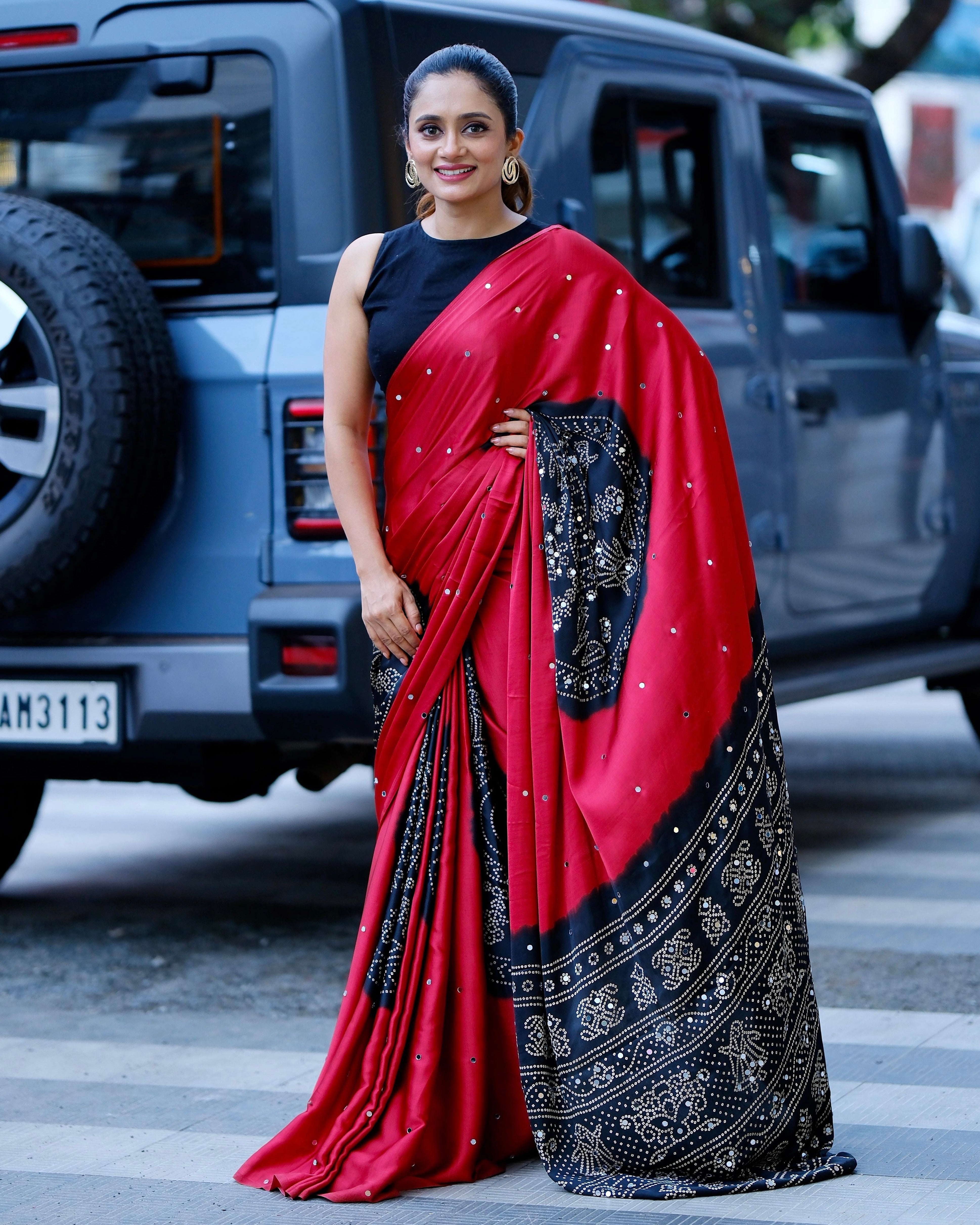 Women’s Ruby Red Pure Modal Silk Saree with Black Folk Art Border & Traditional Tribal Print Designer Pallu