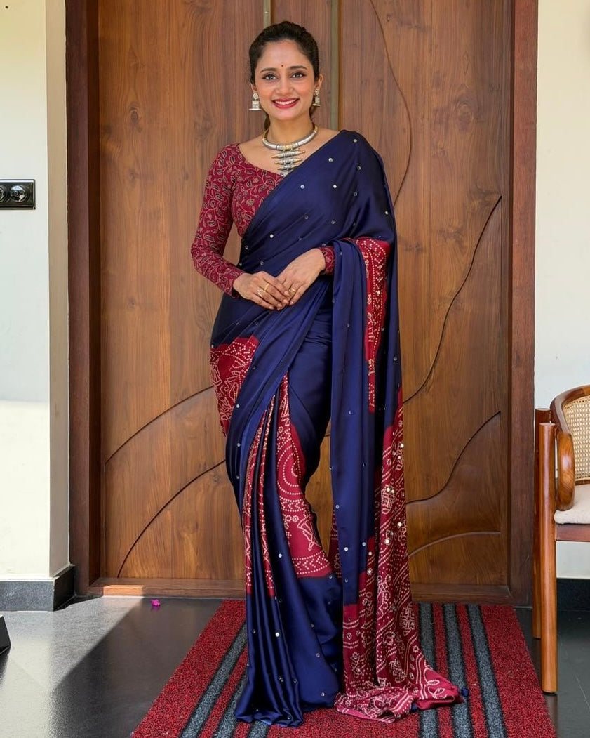Women’s Royal Navy Blue Pure Modal Silk Saree with Wine Red Folk Art Print & Heritage Designer Pallu