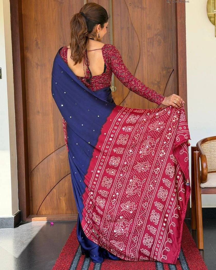 Women’s Royal Navy Blue Pure Modal Silk Saree with Wine Red Folk Art Print & Heritage Designer Pallu