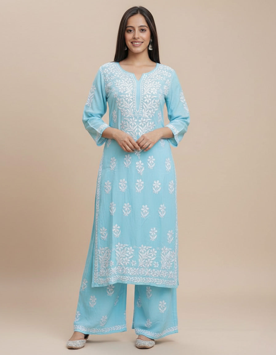 Sky Blue Premium Rayon Chikankari Embroidered Kurti Set With Palazzo For Women