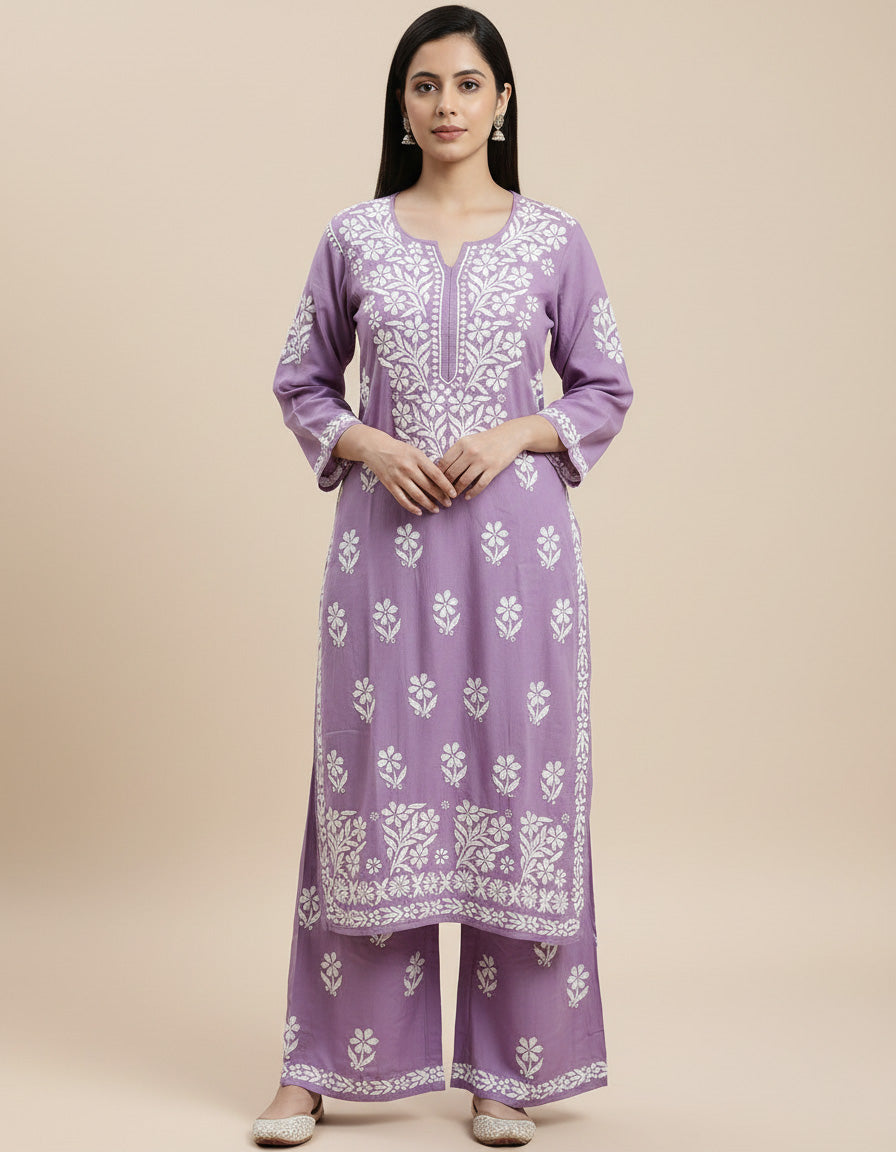 Lavender Premium Rayon Chikankari Embroidered Kurti Set With Palazzo For Women