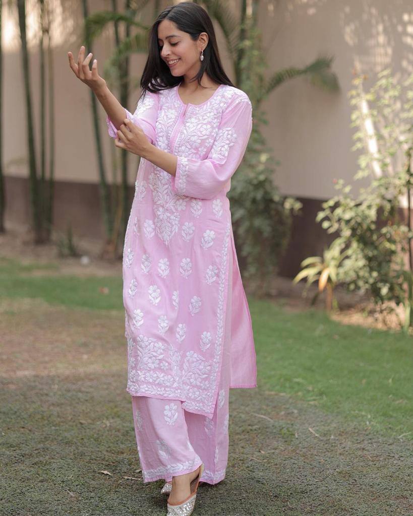Baby Pink Premium Rayon Embroidered Kurti Set With Palazzo Soft Floral Work For Women