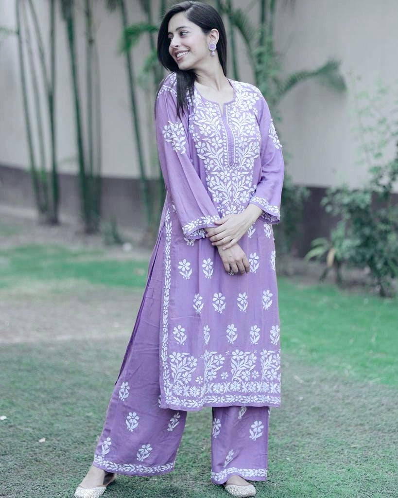 Lavender Premium Rayon Chikankari Embroidered Kurti Set With Palazzo For Women