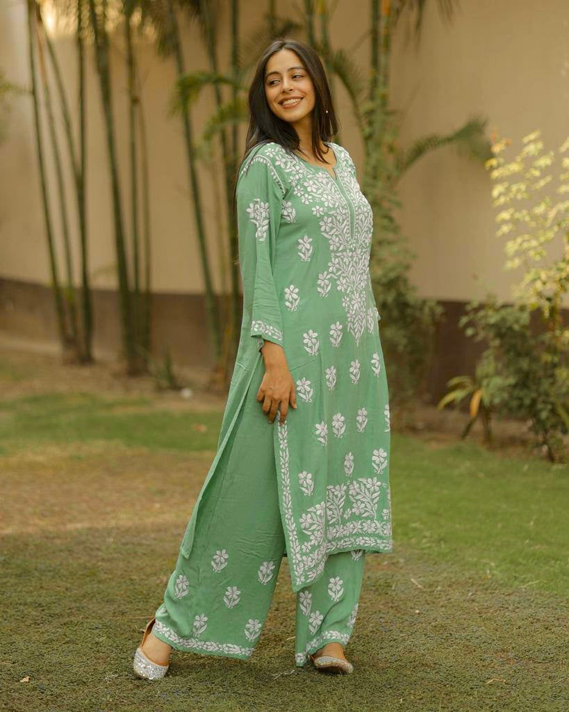 Mustard Khadi Cotton Embroidered Kurti Pant Set For Women