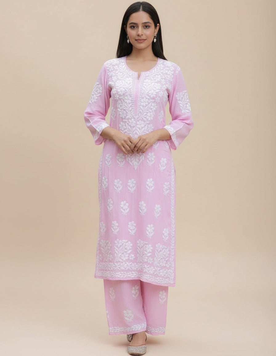 Baby Pink Premium Rayon Embroidered Kurti Set With Palazzo Soft Floral Work For Women